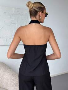 Lavishia Women's Lace Halter Neck Top, Summer Early Autumn, Commute Elegant Fashion Streetwear - Black - View 2