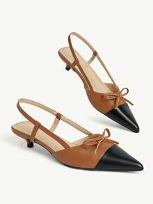 CUCCOO CHICEST Women's Shoes Color Matching Bow Pointed Kitten With Casual Commute Brown Black PU Leather Women's High Heels Shoes Banquet Outdoor - Brown black - View 4