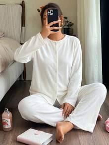 Minimalist Button Front Loungewear Pajama Set – Soft Two Pieces Long Sleeve Top & Wide Leg Pants In Solid White - Beige - View 3