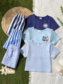SHEIN Vintaside Kids 6件/3套男嬰簡單純色印花圓領短袖T恤與格紋條紋短褲多件套裝，適合日常穿著、外出、度假，春夏季適用 - 彩色 - 查看 3
