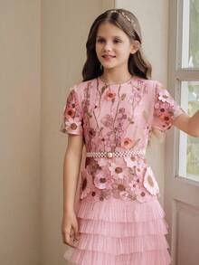 Anewsta Girls' Elegant Playful Cute Princess Dress, Birthday Party Banquet Vine 3D Embroidered Round Neck Short Sleeve Waist-Cinching A-Line Puff Cake Long Dress - Baby Pink - View 6