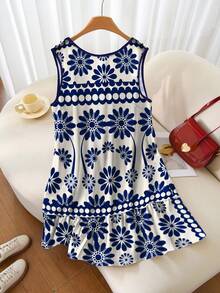 SHEIN CURVE+ Plus Size Women Summer Casual Sleeveless Printed Dress Beach Vacation White - Blue - View 4