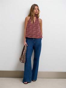 Nöista Floral Mandarin Collar Top With A-Line Fit For Summer Vacation And Casual Chic Looks. - Coffee Brown - View 5