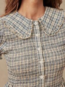 WESTFADE Ruffle Collared Button Front Short Puff Sleeve Plaid Smocked Top, Cute Tops, Western, Female Country Look, Cowgirl, Rodeo, Fall, Summer, School - Blue - View 4