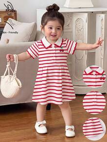 SHEIN Playful Pals 1件女嬰紅色條紋休閒洋裝，羅紋領口與袖口，微笑櫻桃印花，適合休閒穿著、外出、運動、派對 - 紅色 - 查看 5