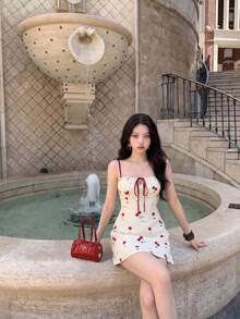 Skyraze Cherry Blossom Print Ruched Bust Cami Dress, Spring, Tea Party Vacation Women, Summer Outfits, Carnival Costume, Beach, Cute Cottagecore, Off-White - Multicolor - View 5