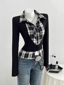Elamini Women's Autumn Casual 2 In 1 Plaid Patchwork Long Sleeve Slim Fit Shirt - Black - View 4