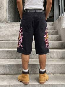 Manfinity EMRG Men's Casual Street Style Embroidered Black Denim Shorts - Black - View 4