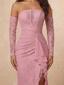 Lumalex Elegante vestido de encaje elástico sin hombros y sin tirantes con mangas de volantes transparentes desmontables, abertura hasta el muslo y bajo de sirena para bodas, galas y fiestas - Rosa vieja - Ver 3