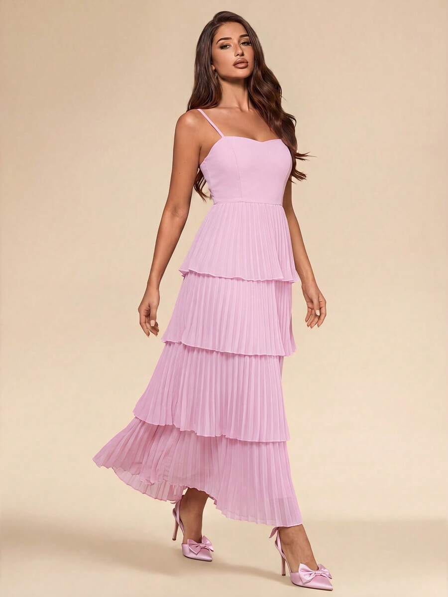 SHEIN Glamour Damen Maxikleid, mehrlagiger Stufenrock, plissierter langer Rock, rosa trägerloses Kleid, Urlaub, Party, Hochzeit und andere Bankett charmantes Kleid - Pink - Übersicht 1