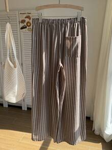 Comfortcana Plus Size Women's Waist Tie Striped Wide Leg Loose Casual Pants - Khaki - View 2