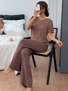 DAZY Women's Solid Color Round Neck Short Sleeve T-Shirt And Polka Dot Print Long Pants Pajama Set - Coffee Brown - View 1