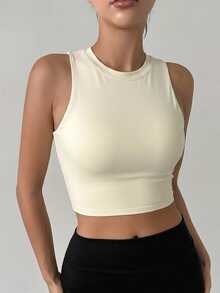 DAZY Women's Sleeveless Solid Color Ruched Back Hollow Out Sports Bra With Padded Cups - Beige - View 2
