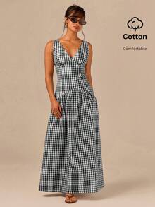 Athîral Women's V-Neck Plaid Pleated Casual Cottagecore Boho Party Picnic Vacation Travel Dress Black Gingham Summer - Black and White - View 3