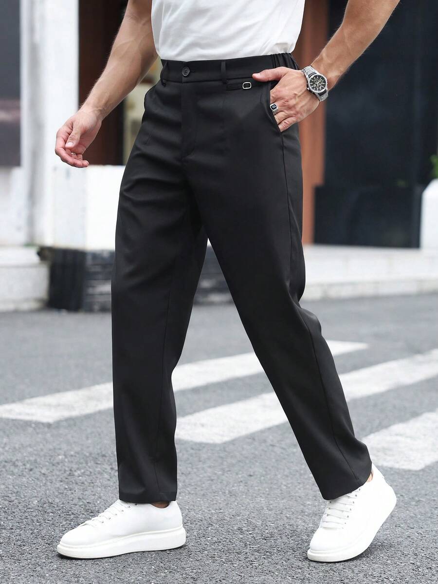 Manfinity Mode Pantalones de traje casual de unicolor con bolsillo para hombres, para uso diario y viajes - Negro - Ver 1
