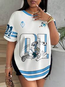 LOONEY TUNES X SHEIN Áo thun tay ngắn cổ tròn in họa tiết hoạt hình dễ thương size lớn - trắng - Xem 1