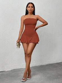 VaVaBold Women's Summer Solid Color Ruched Ruched Hem Jumpsuit - Brown - View 8