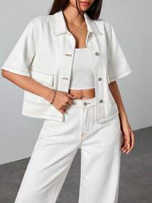 SHEIN 青少年女孩短袖單排扣休閒牛仔夾克 - 白色 - 查看 5