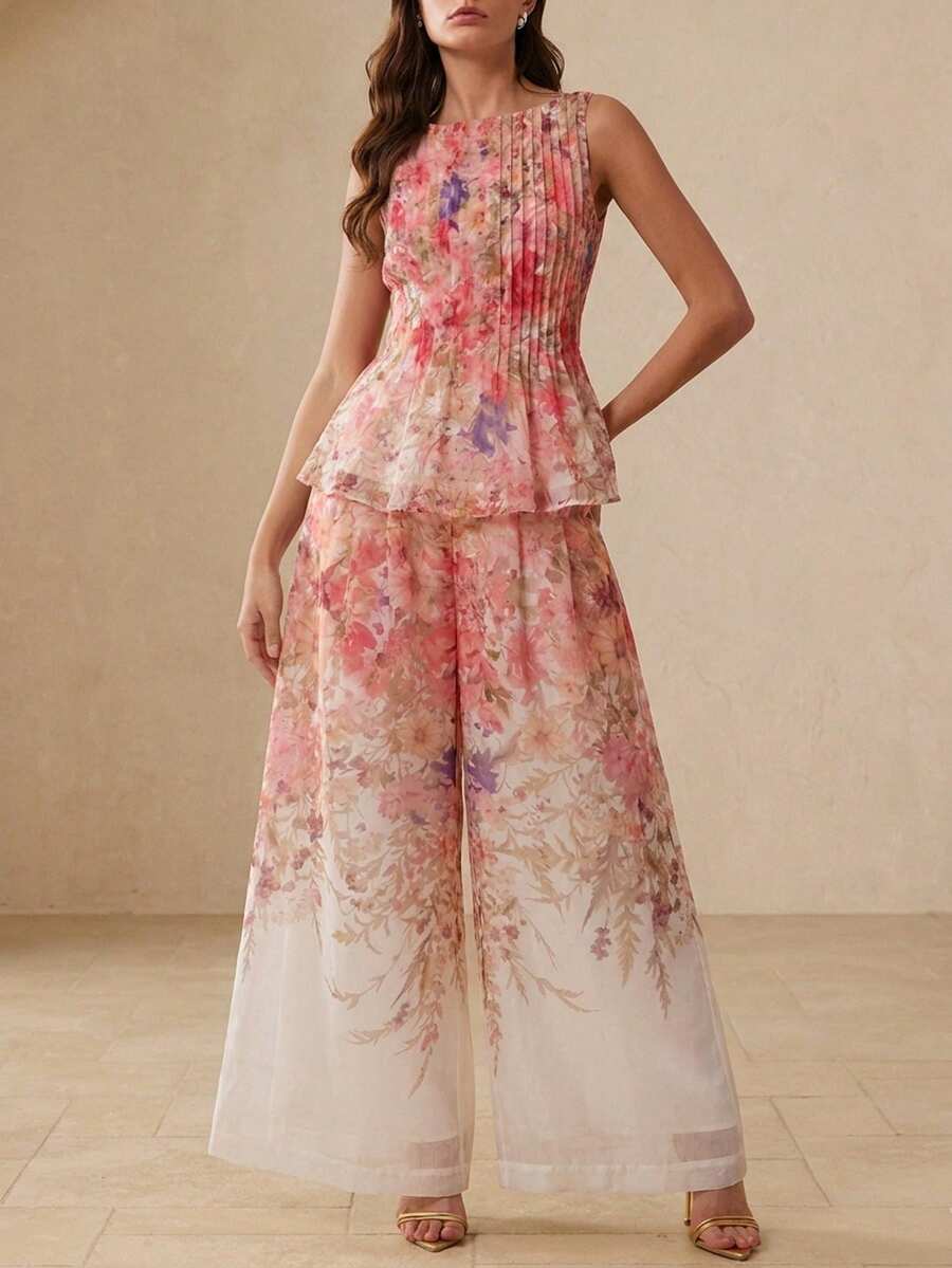 BELROSIE Summer Autumn Beige Colorblock Floral Print Ruched Waist Fla Top With Loose Wide Leg Pants, Women's 2 Pieces Set, Elegant Garden Party Vacation Wedding - White - View 1