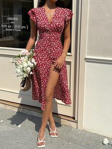 SHEIN Frenchy 女士休闲碎花纽扣连衣裙，适合度假 - 紅色 - 查看 3