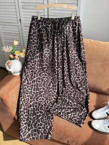 Comfortcana Pantalones largos holgados con cintura con cordón y estampado de leopardo para mujer talla grande - Marrón - Ver 1