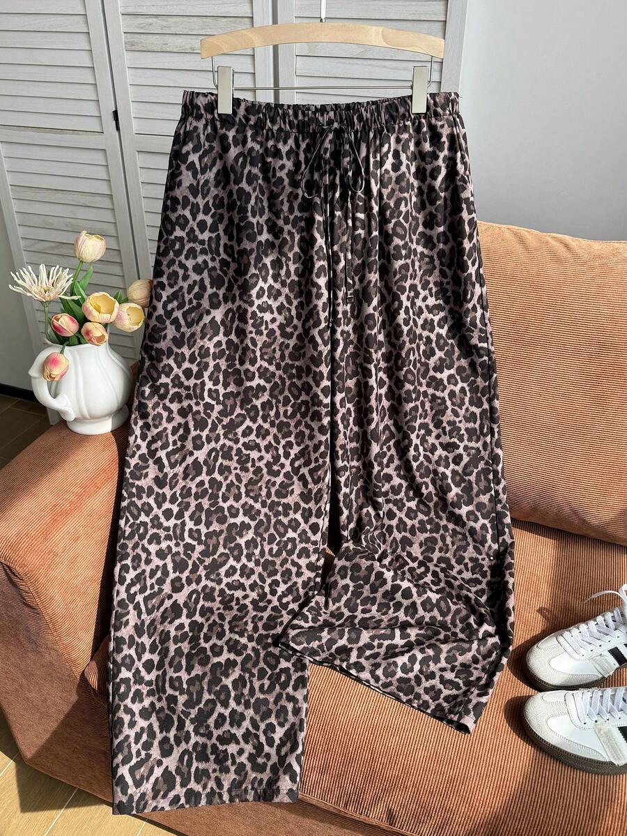 Comfortcana Pantalones largos holgados con cintura con cordón y estampado de leopardo para mujer talla grande - Marrón - Ver 1