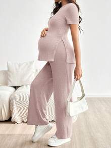 SHEIN 孕婦純色短袖上衣與可調腰長褲休閒日常兩件套 - 藕粉色 - 查看 6