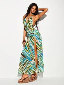 Femmeiva Color Block Striped Halter V-Neck Dress, Ruched Waist Layered Ruffle Dress, Sexy Beach Vacation Vibe Long Dress - Multicolor - View 8