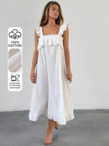 Livesso Women's Solid Color Patchwork Ruffle Flutter Sleeve Nightgown - White - View 1