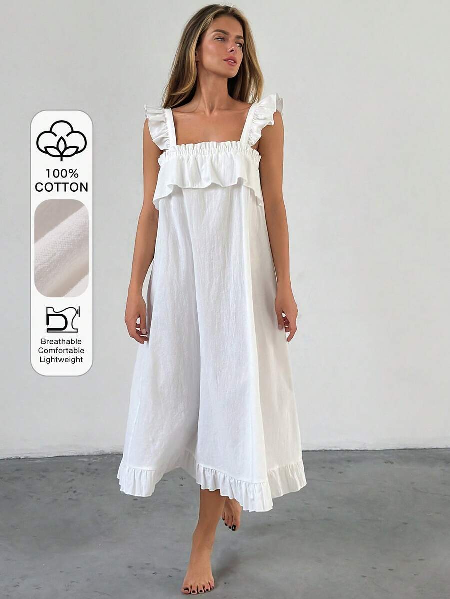 Livesso Women's Solid Color Patchwork Ruffle Flutter Sleeve Nightgown - White - View 1
