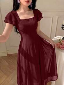 Modelyn Vestido de diseñador para mujer con cuello cuadrado, abertura y triángulo, de largo medio - Burdeos - Ver 6