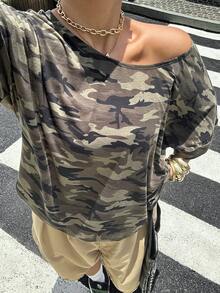Muchica 大尺碼街頭時尚迷彩印花不對稱肩 T-shirt，適合旅行與度假 - 彩色 - 查看 1