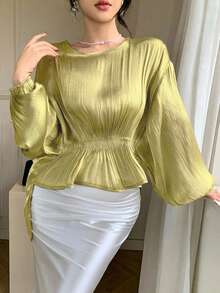 Joudiya Summer Yellow Chiffon Blouse, Slim Fit Elegant Commute Ruffle Waist Long Sleeve Women's Shirt - Light Yellow - View 2
