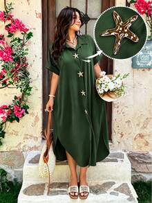 Vionelle Plus Size Women's Metal Starfish Decor Casual Elegant Party Vacation Dress Dark Green Summer - Army Green - View 1