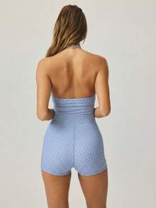 Aralina Polka Dot Print Backless Halter Romper Workout Gym Summer Casual World Cup Fan Outfit - Blue - View 2