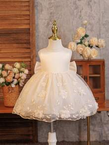 Glamorique Kids Baby Girl Champagne Satin Embroidered 3D Floral Sleeveless Dress, Birthday Flower Girl Party, Wedding, Tulle, Princess, Summer, Warm, Outfit Elegant - Apricot - View 3