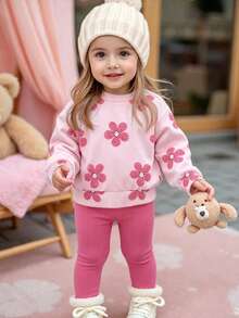 SHEIN Vintaside Kids 女嬰秋冬新款花卉印花羅紋圓領衛衣與羅紋內搭褲舒適時尚極簡套裝 - 粉色 - 查看 1