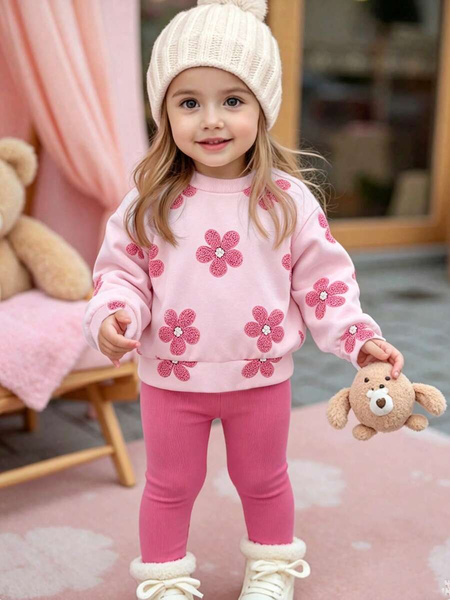 SHEIN Vintaside Kids 女嬰秋冬新款花卉印花羅紋圓領衛衣與羅紋內搭褲舒適時尚極簡套裝 - 粉色 - 查看 1