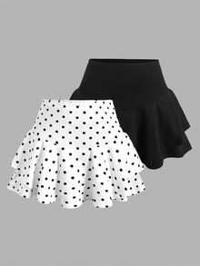 SHEIN Girlism 2件組青少年女孩防走光休閒短褲內搭褲，黑白波點印花裙褲套裝，女童網球裙套裝，女孩短裙組合包，黑白裙子 2 入裝，兒童裙褲套裝 - 黑與白 - 查看 3