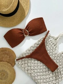 Bonvoyette Springbreak 女款海灘裝 夏季女裝套裝 純色提花布料 抹胸式 金屬裝飾 性感比基尼套裝 - 棕色 - 查看 1