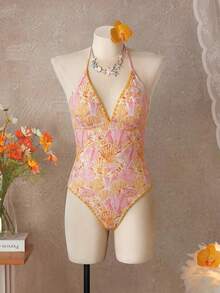 Swim Vcay 26SS Primavera/Verano Vacaciones Playa Floral Amarillo Color de Contraste Borde Diente de Perro Cuello Halter Una Pieza - Multicolor - Ver 8