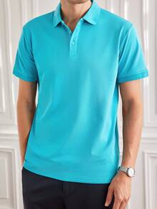 Officeau Men's Summer Lightweight Fabric Polo Shirt Slim Fit Short Sleeve Solid Color Collar Top, Suitable For Daily, Commute, Office, Light Sports - Mint Blue - View 8