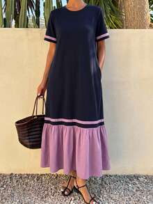 DAZY Women's Casual Color Block Patchwork Long Dress For Summer,Teacher Outfits - Navy Blue - View 12