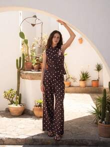 Nöista Polka Dot Wide-Leg Trousers With High Waist For Casual Summer And Vacation Styling - Brown - View 8