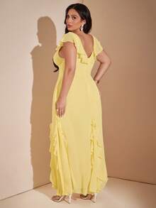 SHEIN BAE CURVE 大尺碼女款黃色荷葉邊浪漫長洋裝 - 黃色 - 查看 2