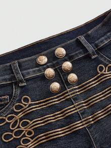 ROMWE Y2K Hot Girl Preppy Casual Cavalry Metal Button Knot Design Ultra Low Waist Tight Denim Mini Shorts Night Out Navy Blue And Gold Summer - Blue - View 3