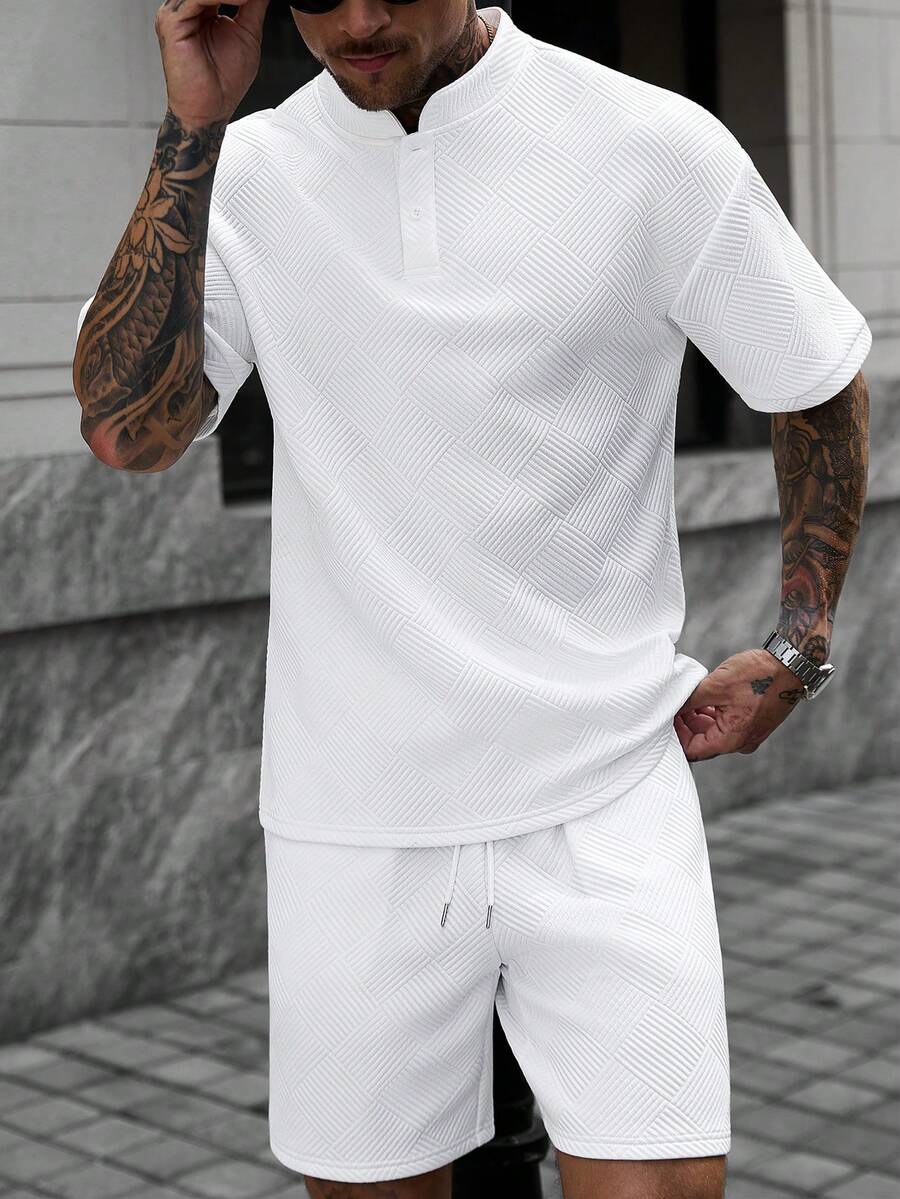 Manfinity CasualCool 男士立領 Polo 衫套裝，針織提花面料，時尚百搭風格，適合日常穿著，送給男朋友或丈夫的理想禮物 - 白色 - 查看 1