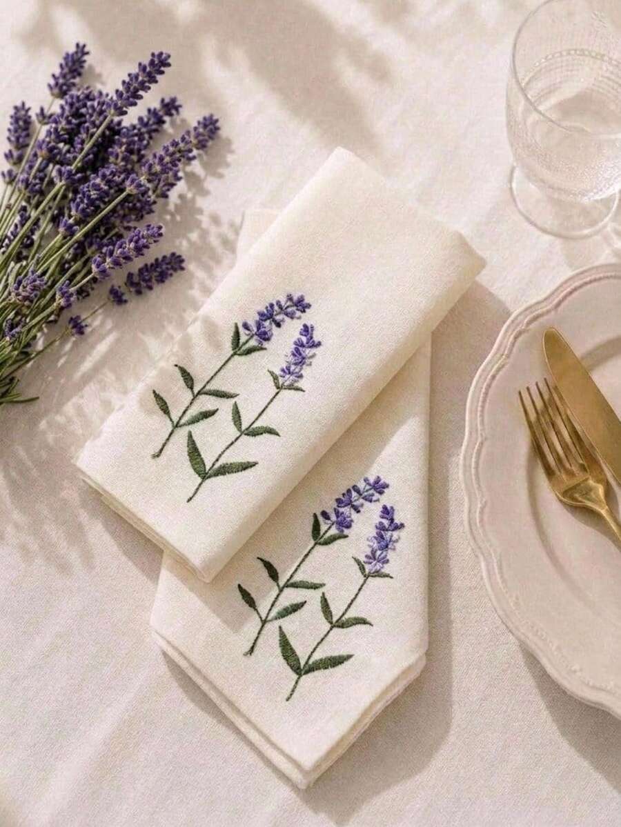 Cirelle 1片/2片/4片薰衣草刺繡餐巾，米色棉麻布料製成，可重複使用的布餐巾，亦可用作餐墊，適用於廚房餐桌、節日派對、婚禮、農舍用餐及各種家居裝飾場景 - 彩色 - 查看 1