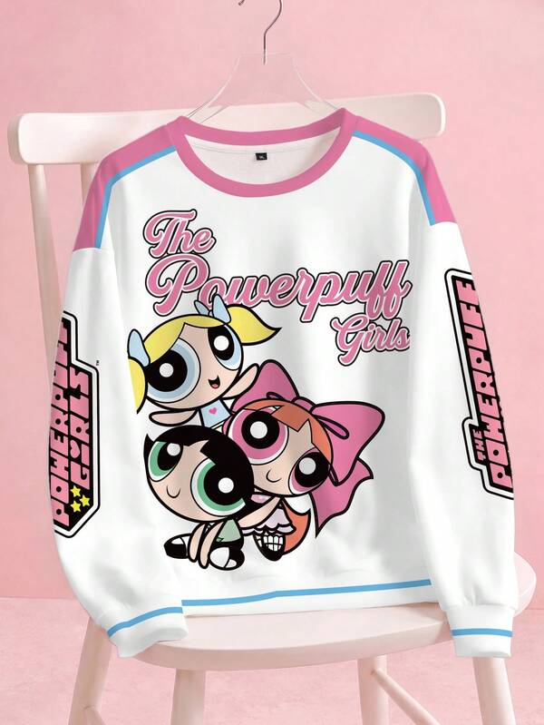 THE POWERPUFF GIRLS X SHEIN 大尺碼圓領運動衫 全身印花