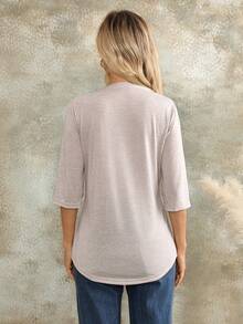 EMERY ROSE Women's Solid Color V-Neck 3/4 Sleeve Casual T-Shirt Office Light Grey Summer T Shirts For Women Autumn Outfits For Women - Apricot - View 2